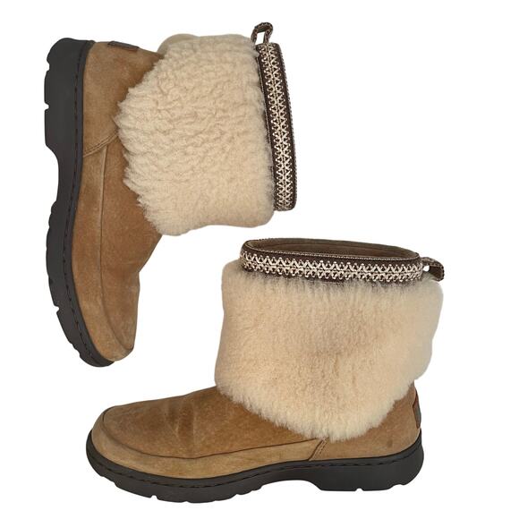 UGG Women's Brie Chestnut Fur Cuff Shearling Pom Pom Winter Boots Size 7 - Picture 3 of 13
